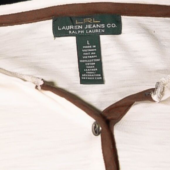 Ralph Lauren Womens Blouse Beige Brown Faux Leather Button 3/4 Sleeve Knit Top L - Picture 3 of 8